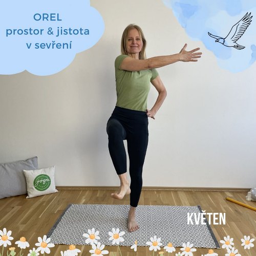 Žena v jógové pozici Hora na jedné noze s upažením