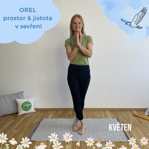 Žena v jógové pozici Orel v minimalistické variantě