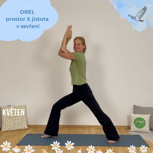 Žena v jógové pozici Bojovnik 1 s orlími pažemi