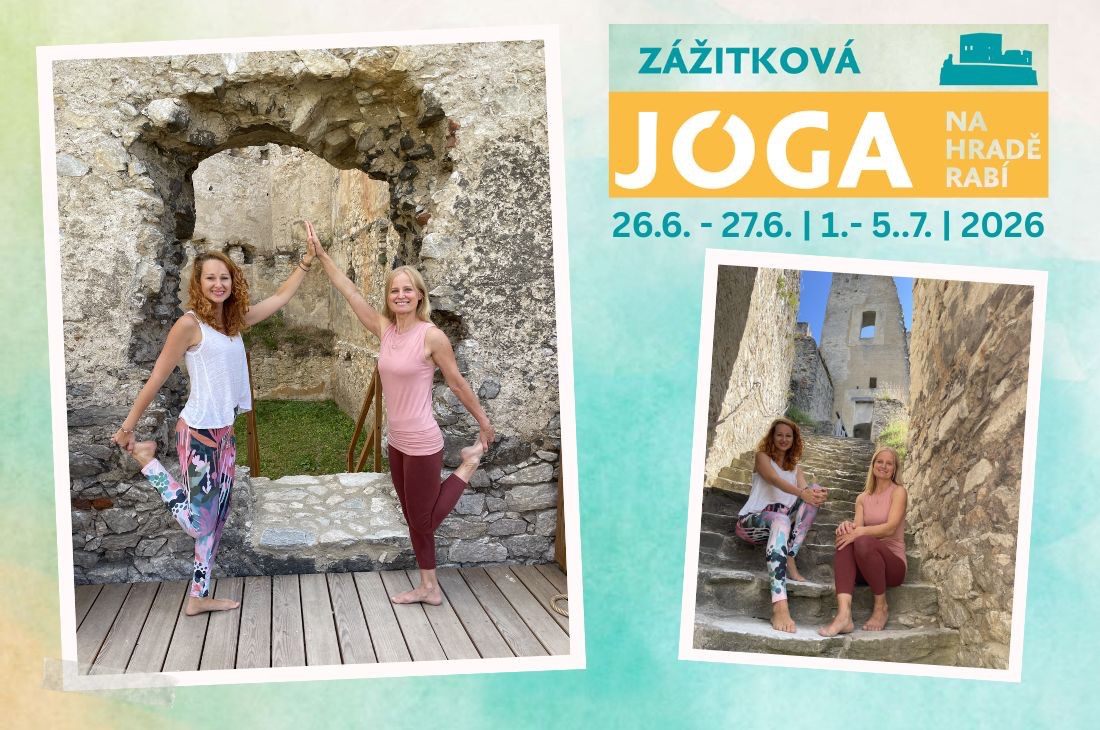 27.6. - 5.7. 2026 Zážitková jóga na hradě Rabí banner s 2 fotkami - 2 ženy v jógové pozici